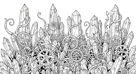 Intricate illustration of crystalline structures intertwined with mechanical gears and vines