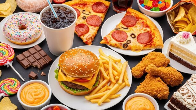 An indulgent assortment of popular fast food and sweet treats, featuring burgers, crispy fries, pepperoni pizza, donuts, and fried chicken, representing a high-calorie feast - Powered by Adobe