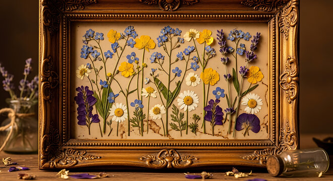 Collection of pressed dried flowers in ornate gold frame decor