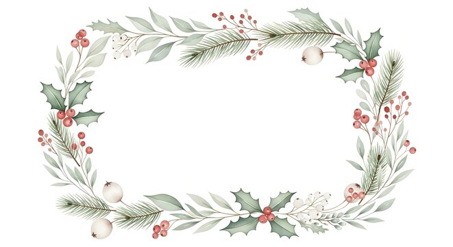 A festive winter holiday frame concept with watercolor illustrations of pine branches, holly leaves, and red berries for seasonal greetings