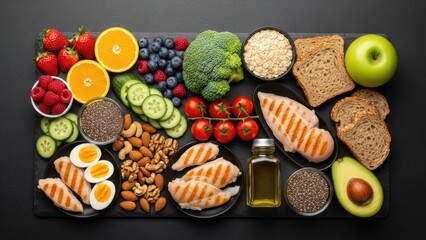 A vibrant and healthy food spread featuring lean protein, fresh fruits, vegetables, nuts, and grains. This balanced diet concept promotes wellness and good nutrition for a wholesome lifestyle