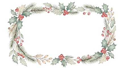 Elegant Christmas and Winter Holiday Wreath Border with Holly Berries and Pine Needles, Perfect for Festive Greetings