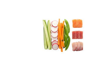 A Colorful Display of Fresh Ingredients for Sushi Preparation Featuring Vegetables and Seafood