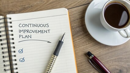 Notebook with Continuous Improvement Plan Written Next to Coffee Cup on Wooden Table in Modern Workspace Setting