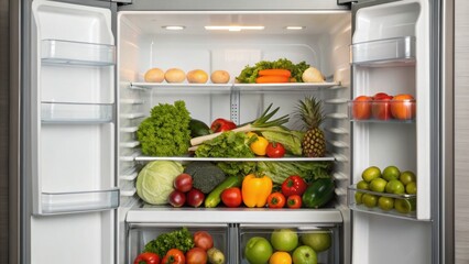 A well-organized refrigerator filled with fresh fruits and vegetables, showcasing a variety of colorful produce on multiple shelves.