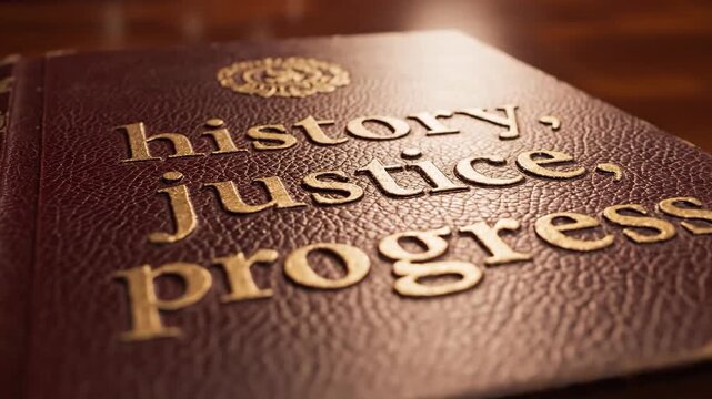 Old hardcover book with embossed words history justice progress on textured cover