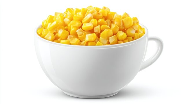 Bright yellow sweet corn kernels are piled high in a round white bowl. This vibrant dish is perfect for summer gatherings or family meals. Ideal for salads and sides.