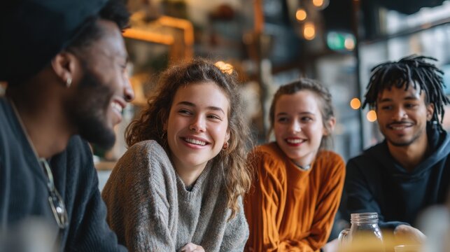 Four young adults sit together at a table in a cozy cafe sharing smiles and laughter as they engage in a friendly conversation illuminated by warm lights in the background. - Powered by Adobe