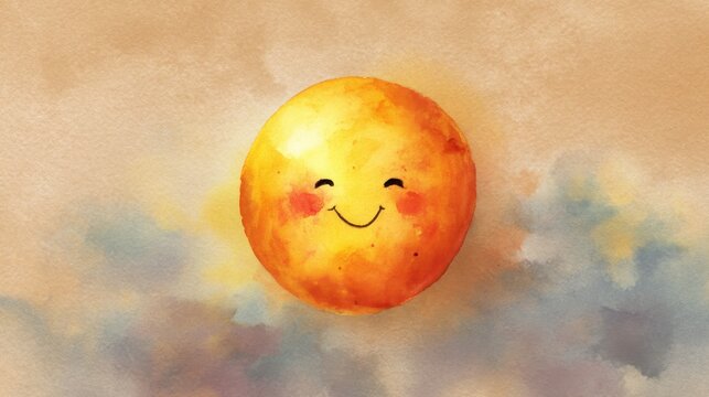 A cheerful sun with a smiling face glows brightly against a backdrop of soft colorful clouds creating a joyful and warm atmosphere. The sunny scene invites happiness and positivity.