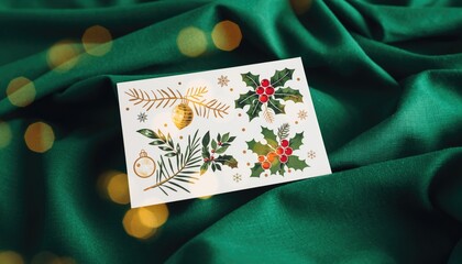 Christmas card with festive decorations on green satin fabric.