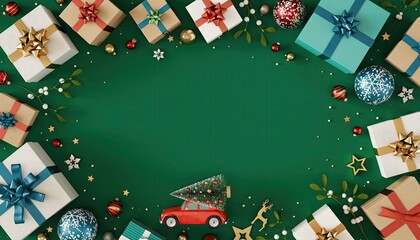 Festive Christmas Scene with Gifts, Ornaments, and a Red Car Carrying a Christmas Tree.