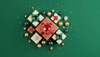 Festive Christmas Gifts and Ornaments on Green Background.