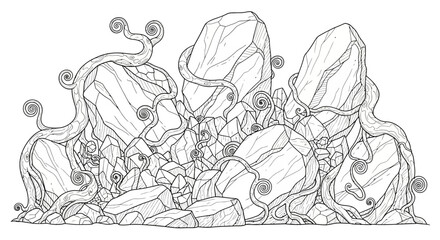 Abstract illustration of intertwined rocks and swirling vines, creating a mystical landscape