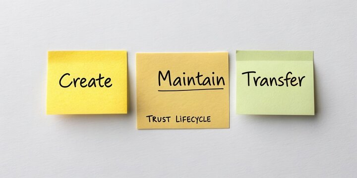 Sticky Notes Illustrating Concepts of Create, Maintain, and Transfer in Trust Lifecycle Management for Business Strategy