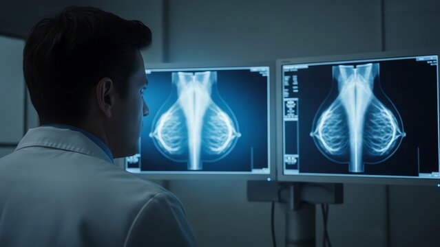 Doctor examining mammogram scans in medical office
