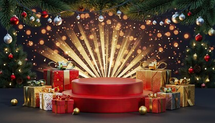 Festive Christmas scene with gifts and a red podium.