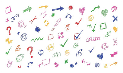 Hand drawn doodle elements collection with arrows and symbols on white
