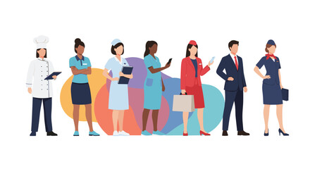 Diverse workforce showcasing essential service professionals like chefs, nurses, teachers, and flight attendants in a modern, vibrant style