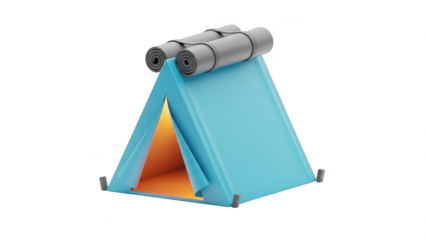 A bright blue camping tent with rolled sleeping mats on top, isolated on transparent background