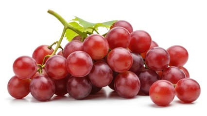Fresh Ripe Red Grapes Bunch with Green Leaf Isolated on White Background for Healthy Eating and Delicious Snacks and Desserts