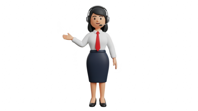 3d cartoon female customer service agent wearing headset and business attire gesturing with hand isolated on transparent background