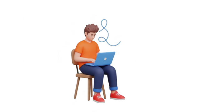 3d character boy sitting on chair using laptop with confusion symbol above head isolated on transparent background