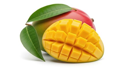 A visually striking composition of a whole ripe tropical mango alongside a meticulously diced half, showcasing its vibrant colors and juicy texture, set against a pristine white background