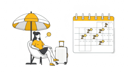 Woman relaxing under umbrella with luggage next to a calendar marking vacation or travel planning dates, isolated on transparent background