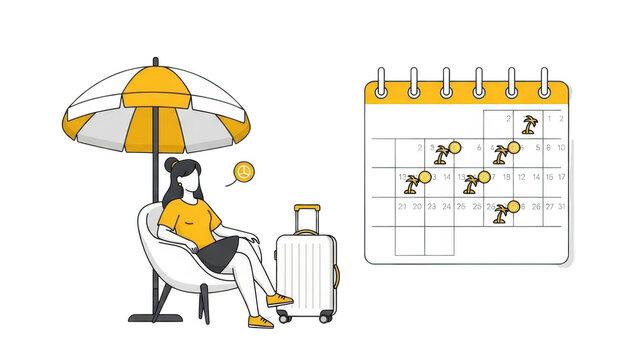Woman relaxing under umbrella with luggage next to a calendar marking vacation or travel planning dates, isolated on transparent background