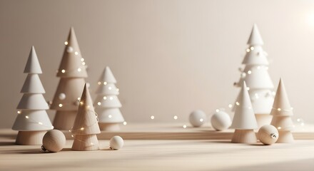 Elegant Minimalist Winter Holiday Scene with Abstract Cone Trees and Soft Glowing Ornaments, Serene Festive Celebration Design