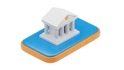 Isometric 3d icon of a classical bank building with columns resting on a blue smartphone screen representing mobile banking service isolated on transparent background