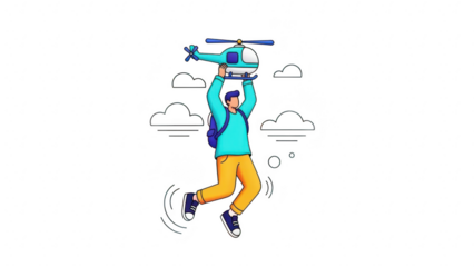 Man holding a small blue helicopter above his head while jumping, isolated on transparent background