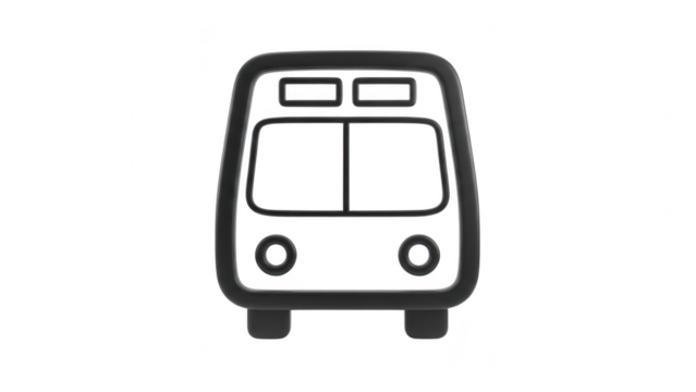 Simple black and white line icon representing the front view of a public transportation bus, isolated on transparent background