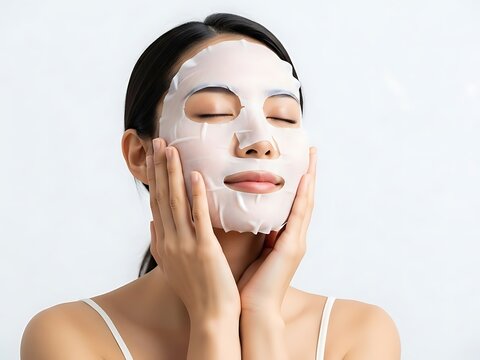 Young asian woman applying a sheet mask on her face, isolated on white background