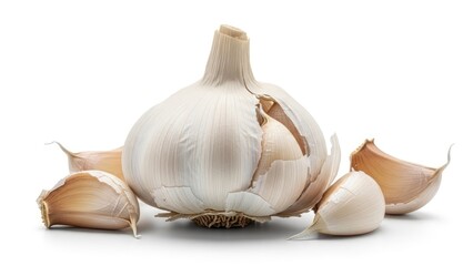 A fresh, aromatic whole garlic bulb surrounded by several individual cloves, showcasing its natural texture and culinary appeal on a pristine white background