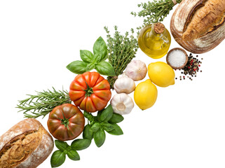 Vibrant Arrangement of Fresh Ingredients Featuring Tomatoes, Aromatic Herbs, and Rustic Bread