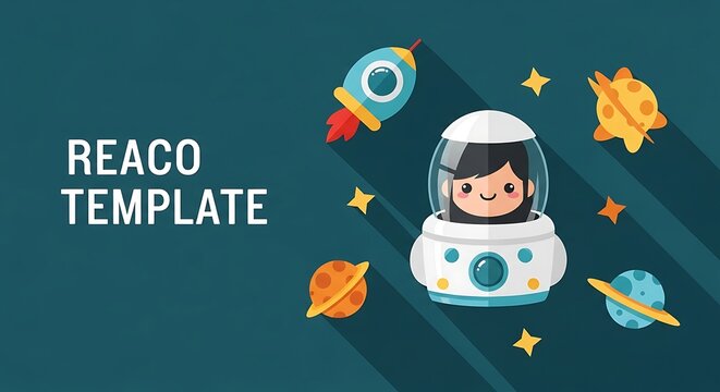Astronaut in space cartoon illustration with rockets and planets on teal background