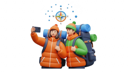3d illustration of happy hiker couple wearing winter jacket and backpack taking a selfie with compass icon above them isolated on transparent background