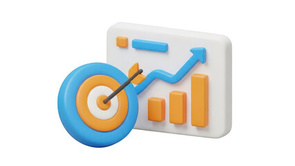 3d icon of a business target with arrow hitting bullseye next to a rising bar chart and line graph isolated on transparent background