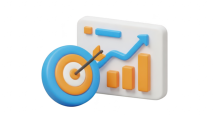 3d icon of a business target with arrow hitting bullseye next to a rising bar chart and line graph isolated on transparent background