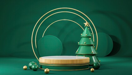 Festive Christmas Tree Display with Golden Accents and Green Background.
