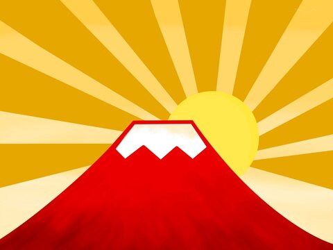 日の出赤富士にゴールド日差しが入った背景素材イラスト