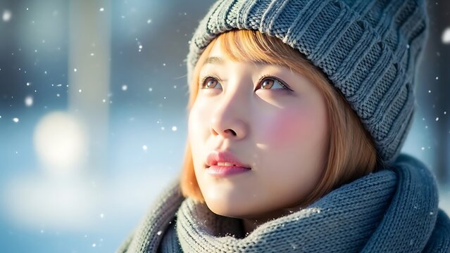 Young asian woman in winter clothes looking up at falling snow outdoors