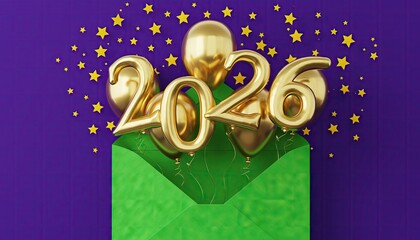 Golden 2026 Balloons Emerging from Green Envelope on Purple Background.