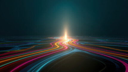 Colorful abstract road, intertwining lines, glowing light, futuristic, digital, dark background