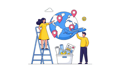 Travel agency couple planning global journey with airplane and location pins on a large earth globe, isolated on transparent background