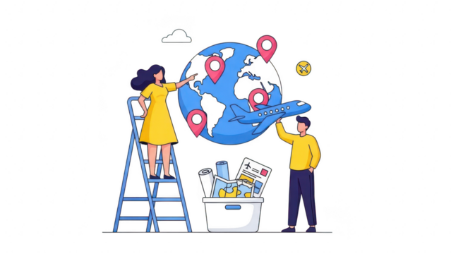 Travel agency couple planning global journey with airplane and location pins on a large earth globe, isolated on transparent background