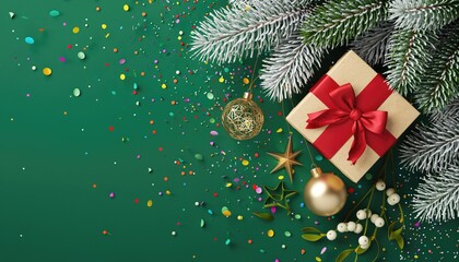 Festive Christmas Gift with Ornaments and Green Background.
