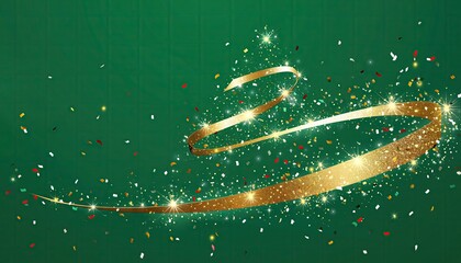Festive Christmas Tree Ribbon with Confetti on Green Background.