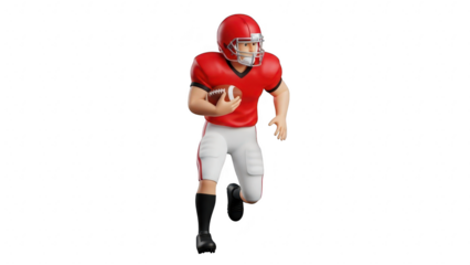 American football player in red uniform running with ball isolated on transparent background